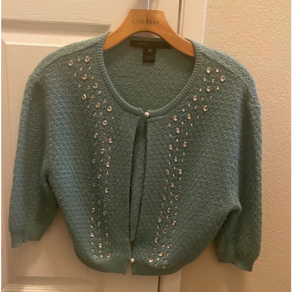 Marc Jacobs Crystal Embellished Jeweled Sweater Shrug Crop Mint Pearl Buttons - Picture 1 of 5